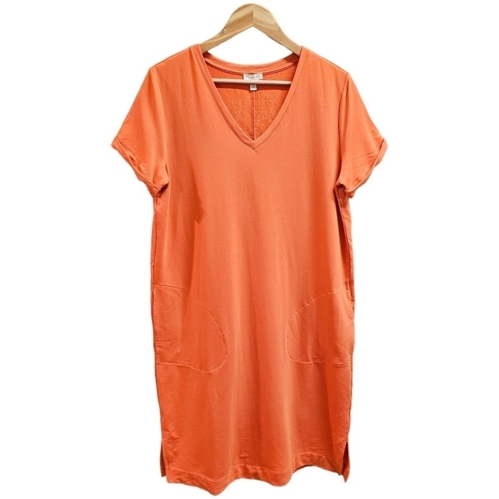Garnet Hill Orange Tencel Terry V-Neck Shirt Dress Size Medium Pockets Stretch